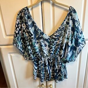 Full Tilt Blue Abstract Print V-Neck Peplum Blouse